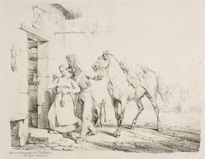 Un húsar abrazando a un sirviente de Emile Jean Horace Vernet