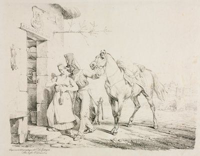 Un húsar abrazando a un sirviente de Emile Jean Horace Vernet