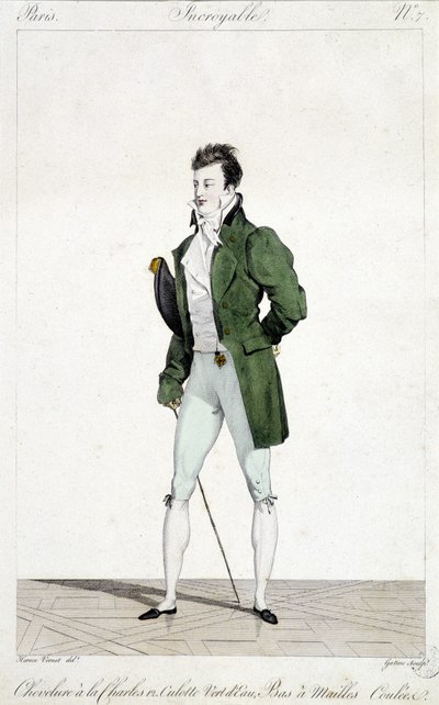París asombroso. Hombre con el cabello de Carlos XII, usando calzones verde agua y medias de malla. Ilustración de la moda masculina realizada alrededor de 1810 por Horace Vernet (1789 - 1863). de Emile Jean Horace Vernet