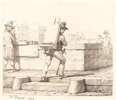 Artista llevando un caballete con una piedra litográfica de Emile Jean Horace Vernet