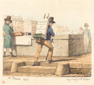 Artista llevando un caballete con una piedra litográfica de Emile Jean Horace Vernet