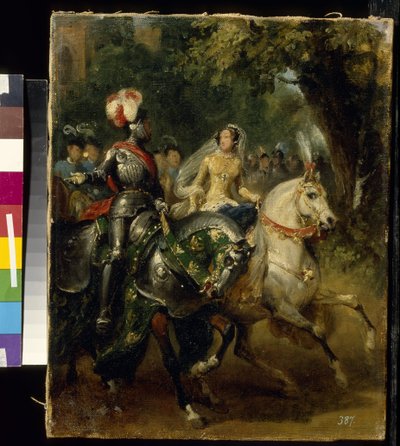 Cabalgata - Pintura de Horace Vernet (1789-1863), huile sur toile (28x22 cm), vers 1842 - (Cabalgata, Óleo sobre lienzo de H.Vernet, ca 1842) - Museo Estatal de Bellas Artes A. Pushkin, Moscú de Emile Jean Horace Vernet
