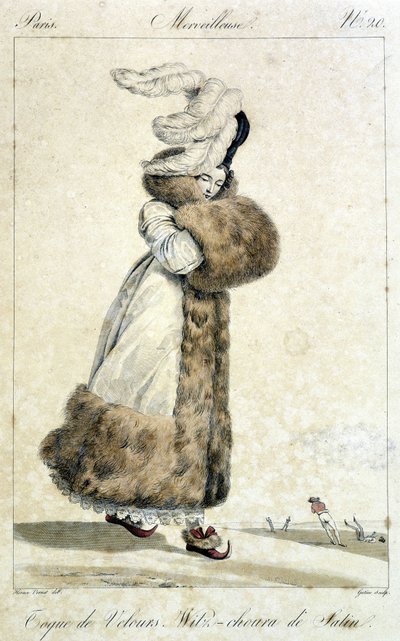 Mujer elegante con abrigo y sombrero de terciopelo con plumas. Ilustración de moda femenina por Horace Vernet (1789 - 1863) para el número 20, circa 1810, de un “Maravilloso” de Emile Jean Horace Vernet