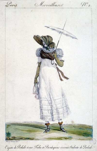 Grabado de moda por Horace Vernet (1789 - 1863), realizado alrededor de 1810 para “A Wonderful”, que representa a una mujer con un dosel ecru, un bordado sangriento, tartán y un paraguas de Emile Jean Horace Vernet