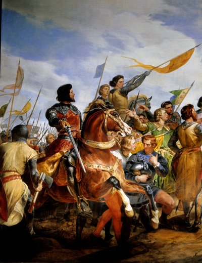 Guerra franco-inglesa (1202-1214): "la Batalla de Bouvines el 27/07/1214, Felipe Augusto pone en juego la corona de Francia". Se opuso el ejército francés de Felipe Augusto contra los flamencos y güelfos de Otón IV. La victoria francesa fue decisiva en la de Emile Jean Horace Vernet