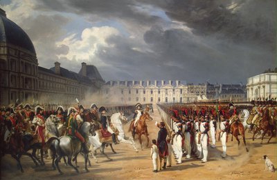 Inválido entregando una petición a Napoleón en el desfile en el Patio del Palacio de las Tullerías de Emile Jean Horace Vernet