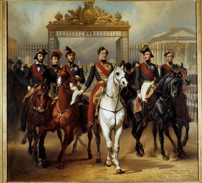 El Rey Luis Felipe I rodeado de sus cinco hijos saliendo por la reja de honor del castillo de Versalles después de pasar revista militar en los patios 10/06/1837. Pintura de Horace Vernet (1789-1863) 1846 de Emile Jean Horace Vernet