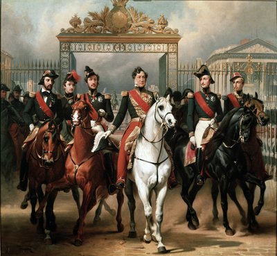 El rey Luis Felipe rodeado de sus cinco hijos saliendo por la reja de honor del castillo de Versalles después de haber pasado una revista militar en los patios de Emile Jean Horace Vernet