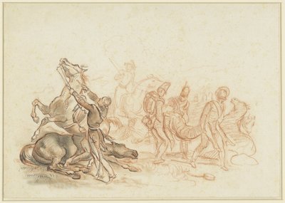 Escena de guerra en España: un caballo herido es rematado con un disparo de Emile Jean Horace Vernet