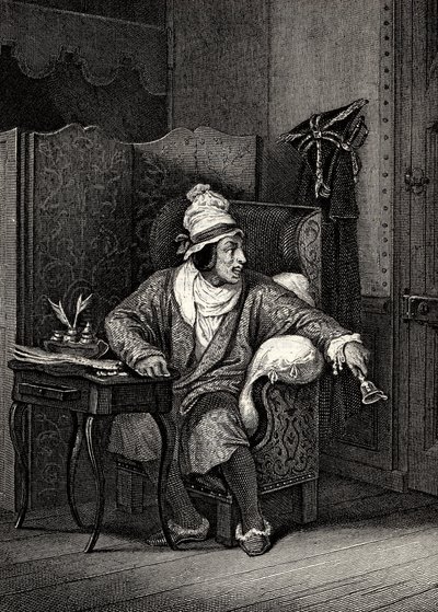Escena de El enfermo imaginario de Molière, por Horace Vernet, grabado - Le Malade imaginaire de Jean-Baptiste Poquelin dit Molière (1622-1673) de Emile Jean Horace Vernet