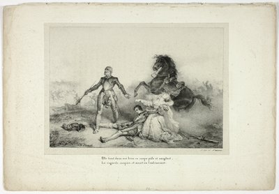 Ella sostenía en sus brazos el cadáver pálido y ensangrentado... de Emile Jean Horace Vernet