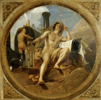 El genio del vapor en la Tierra, pintura en el techo, Salle des Pas perdus, 1839-1847 de Emile Jean Horace Vernet