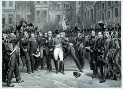 La despedida de Napoleón Bonaparte a la guardia imperial en Fontainebleau de Emile Jean Horace Vernet