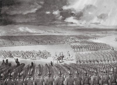 Poro espera el ataque de Alejandro, julio del 326 a.C. (litografía) de Horace van Ruith