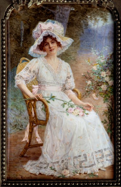 Mujer joven sentada en el jardín Miniatura sobre marfil de Hortense Richard (1860-después de 1939) Siglo XX Sol. 0,24x0,15 m de Hortense Richard