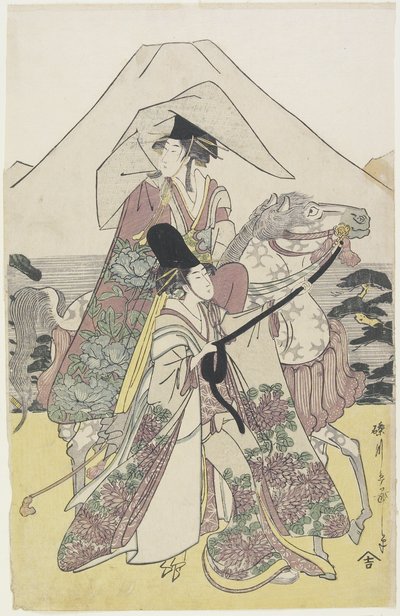 Dos mujeres viajando a caballo al pie del Monte Fuji, c.1790s de Hosoda Eiri