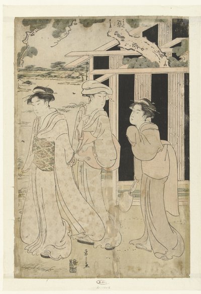 Tres mujeres caminando por el lago de Hosoda Eishi