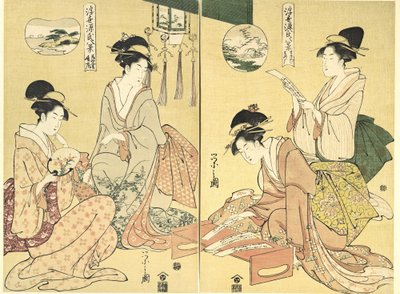 Invocador de espíritus, gansos salvajes regresando a casa Maboroshi, Rakugan derecha y un velo fino de Hosoda Eishi