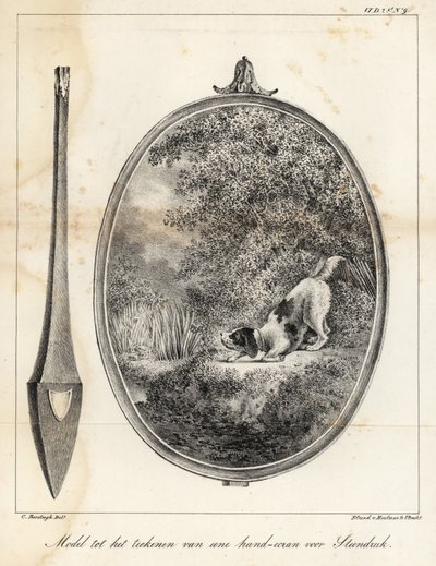 Modelo de diseño para una pantalla manual bordada que muestra un perro en la orilla de un río de Houtman Van
