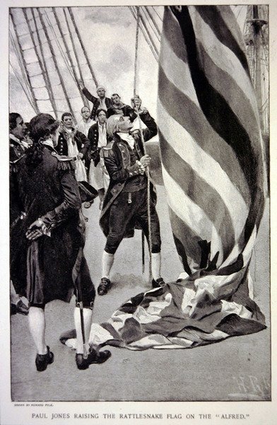 John Paul Jones izando la bandera de la serpiente de cascabel americana en el Alfred de Howard (after) Pyle