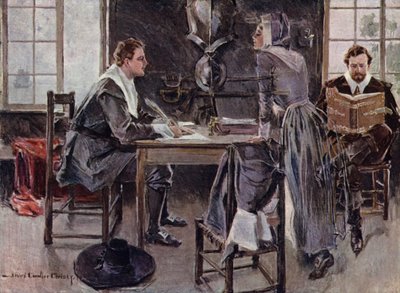 Ilustración de El cortejo de Miles Standish de Henry Wadsworth Longfellow (litografía en color) de Howard Chandler (after) Christy