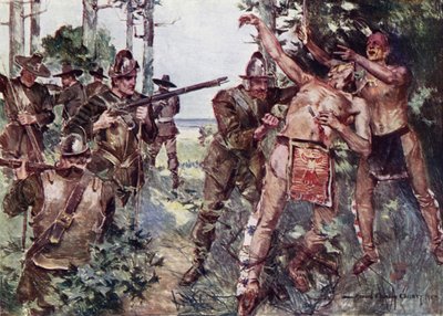 Ilustración de El cortejo de Miles Standish de Henry Wadsworth Longfellow (litografía en color) de Howard Chandler (after) Christy