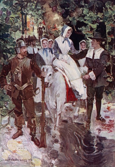 Ilustración de El cortejo de Miles Standish de Henry Wadsworth Longfellow (litografía en color) de Howard Chandler (after) Christy