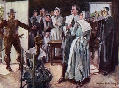 Ilustración de El cortejo de Miles Standish de Henry Wadsworth Longfellow (litografía en color) de Howard Chandler (after) Christy
