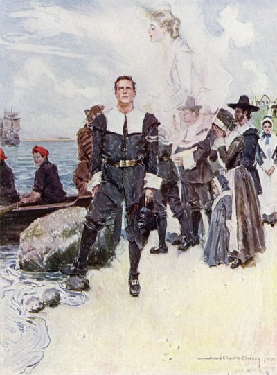 Ilustración de El cortejo de Miles Standish de Henry Wadsworth Longfellow (litografía en color) de Howard Chandler (after) Christy