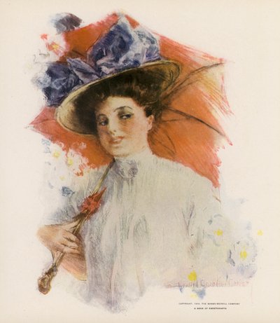 Mujer joven con sombrilla naranja (litografía en color) de Howard Chandler (after) Christy