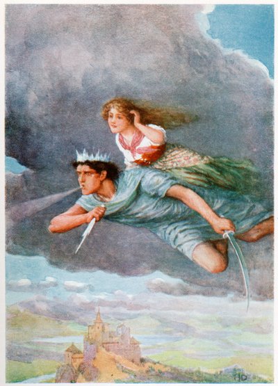 Mil millas por hora", de Italian Fairy Tales, de Lilia E. Romano, publicado por Raphael Tuck & Sons (litografía en color) de Howard Davie
