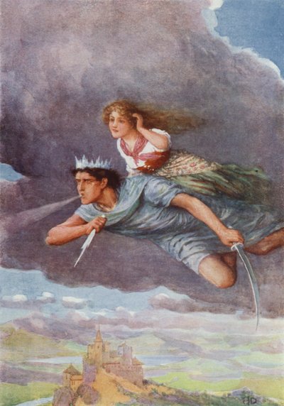 "A mil millas por hora" de "La búsqueda del pájaro de la cola de oro" (litografía en color) de Howard Davie