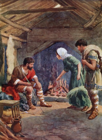 Alfredo el Grande en la cabaña de Neat-Herd (litografía en color) de Howard Davie