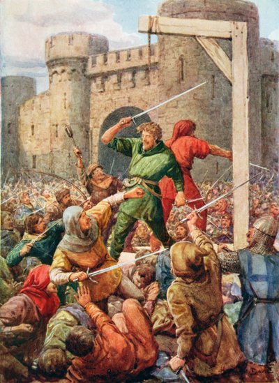 Los dos intrépidos estaban espalda con espalda, ilustración de "Robin Hood y su vida en el alegre bosque verde", contada por Rose Yeatman Woolf, publicada por Raphael Tuck de Howard Davie