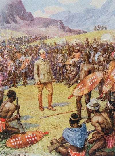 Cecil Rhodes (1853-1902) con los Matabeles de "Héroes de la Historia", publicado por Raphael Tuck & Son Ltd., Londres (ilustración del libro) de Howard Davie
