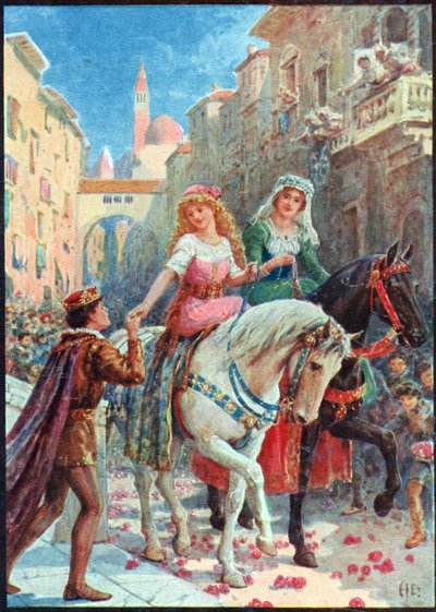 Portada de "Italian Fairy Tales", de Lilia E. Romano, publicado por Raphael Tuck & Sons (litografía en color) de Howard Davie