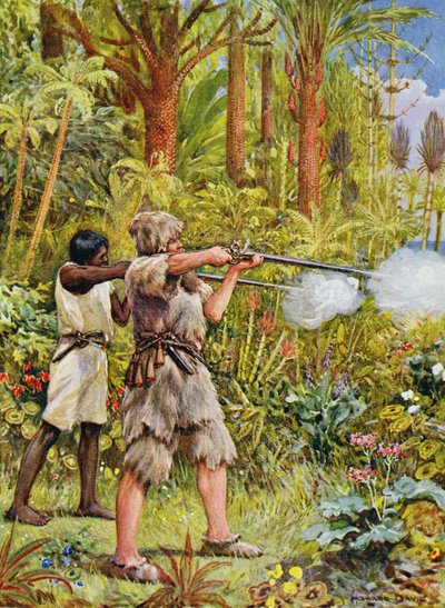 Crusoe y Friday Shoot the Savages, ilustración para 