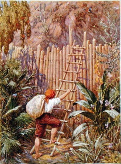 Crusoe y su fortaleza, ilustración para "Robinson Crusoe" de Daniel Defoe (1660-1731) (litografía en color) de Howard Davie