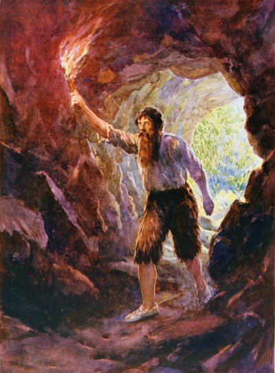 La aventura de Crusoe en la cueva, ilustración para "Robinson Crusoe" de Daniel Defoe (1660-1731) (litografía en color) de Howard Davie