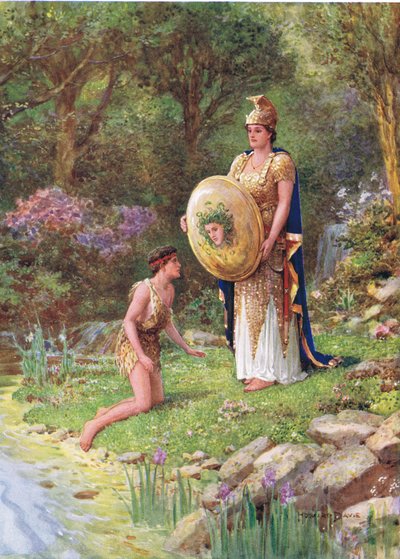 "¿Te atreves a enfrentarte a un monstruo como éste?", ilustración de "Cómo Perseo hizo un voto temerario", de Los héroes de los cuentos de hadas griegos, de Charles Kingsley (1819-75) (litografía en color) de Howard Davie