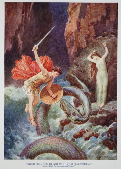 "Desde la altura del aire cayó Perseo" (litografía en color) de Howard Davie