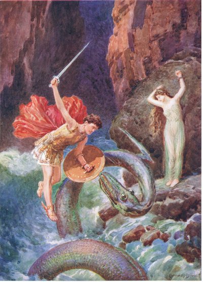 "Desde las alturas del aire cayó Perseo", ilustración de "Cómo llegó Perseo a Etiopía", de The Heroes of Greek Fairy Tales, de Charles Kingsley (1819-75) (litografía en color) de Howard Davie