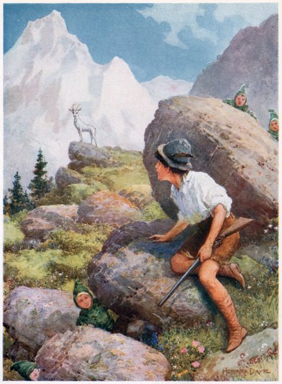"Contempló a Slatarog de pie en una cima", de Cuentos italianos, de Lilia E. Romano, publicado por Raphael Tuck & Sons (litografía en color) de Howard Davie