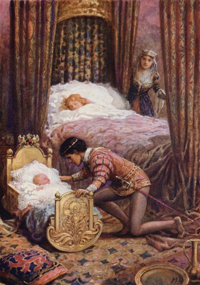 "Se inclinó para besar al pequeño bebé" de "Luciella" (litografía en color) de Howard Davie