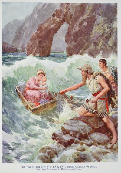 "La llevó a ella y al bebé a salvo a un saliente de la roca" (litografía en color) de Howard Davie