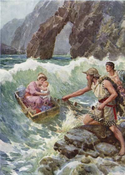 La puso a ella y al bebé a salvo en un saliente de la roca. De Cómo Perseo y su madre llegaron a Serifos (litografía en color) de Howard Davie