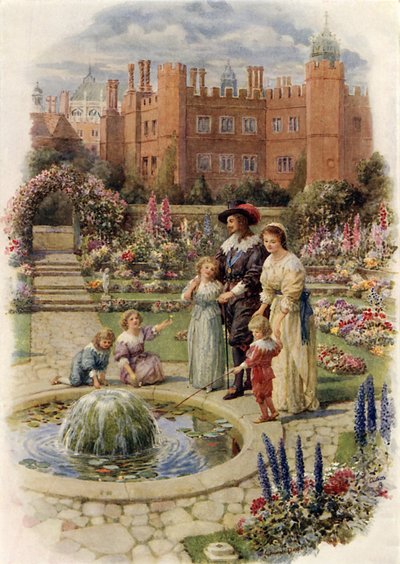 El rey Carlos I y la reina Enriqueta en Hampton Court (litografía en color) de Howard Davie
