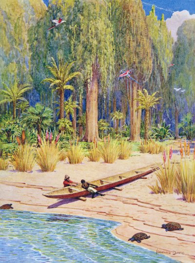Botando la canoa, ilustración para "Robinson Crusoe" de Daniel Defoe (1660-1731) (litografía en color) de Howard Davie