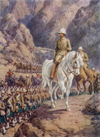 Lord Roberts, en la marcha a Kandahar (litografía en color) de Howard Davie