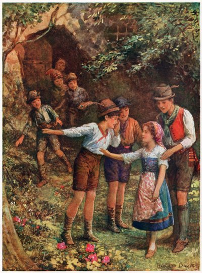 Mortella y sus siete hermanos", de Italian Fairy Tales, de Lilia E. Romano, publicado por Raphael Tuck & Sons (litografía en color) de Howard Davie